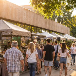 Zahlreiche Menschen schlendern bei warmem Sonnenlicht an Marktständen mit grauen Zeltdächern entlang. Im Hintergrund stehen Bäume und ein langgestrecktes Gebäude.