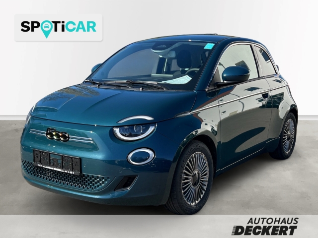 Fahrzeugabbildung Fiat 500e Navi Soundsystem JBL Apple CarPlay Android Auto Klimaautom Fahrerprofil DAB Ambientebeleuchtung